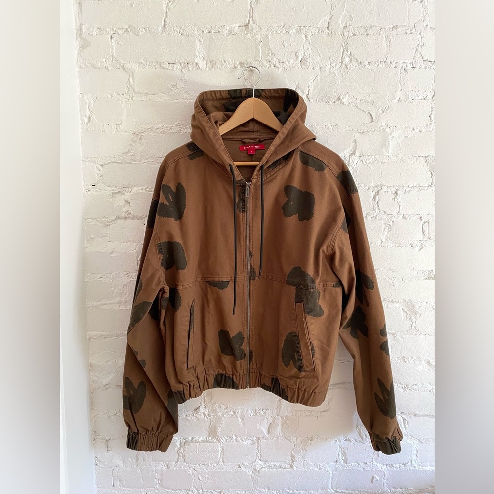 Brown Hooded Bomber Jacket with Camouflage Print